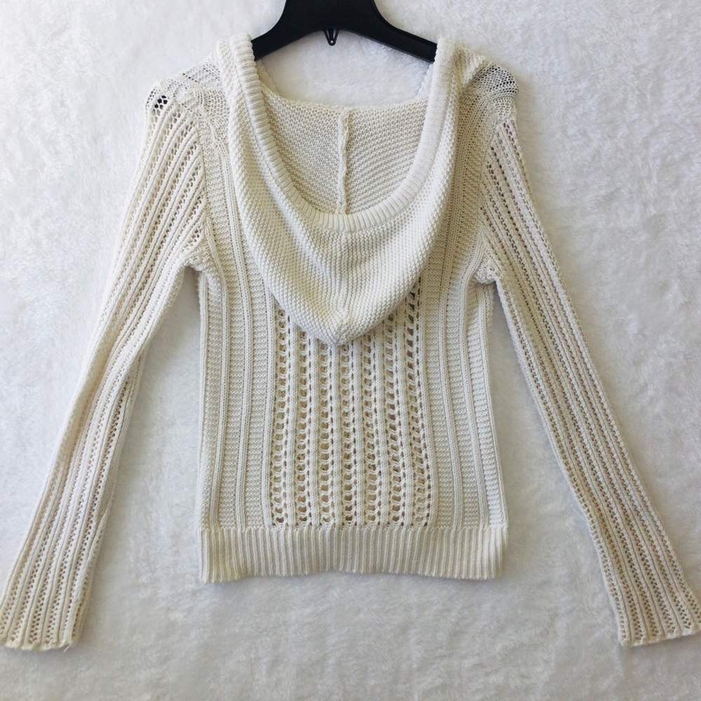 Womens American Eagle COTTON Crochet Hoodie Pullover Sweater Medium Ivory Hood
